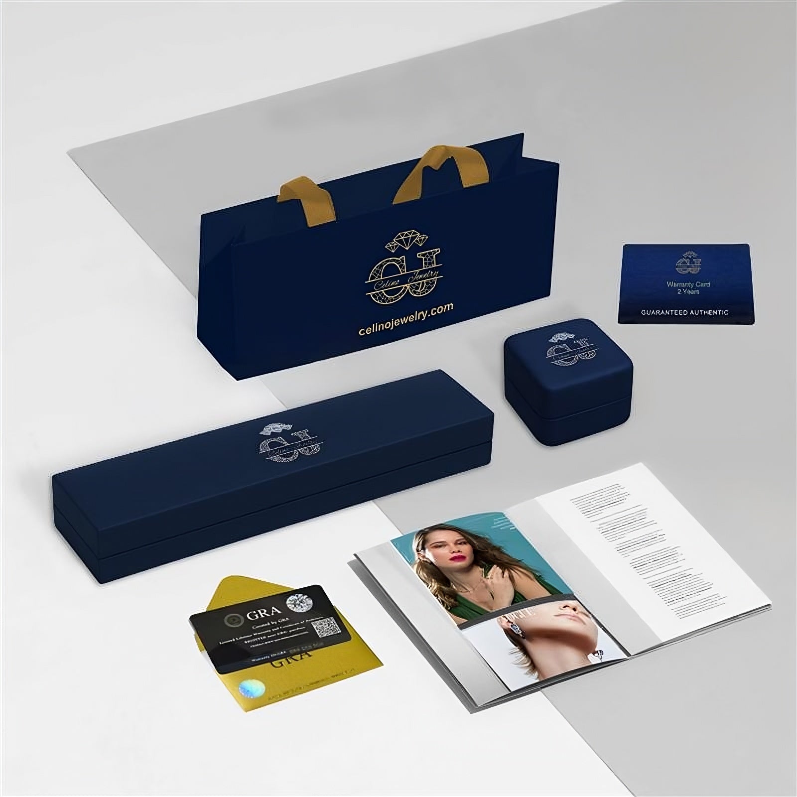 Celino Jewelry packaging — gift box, GRA certification card, and warranty card